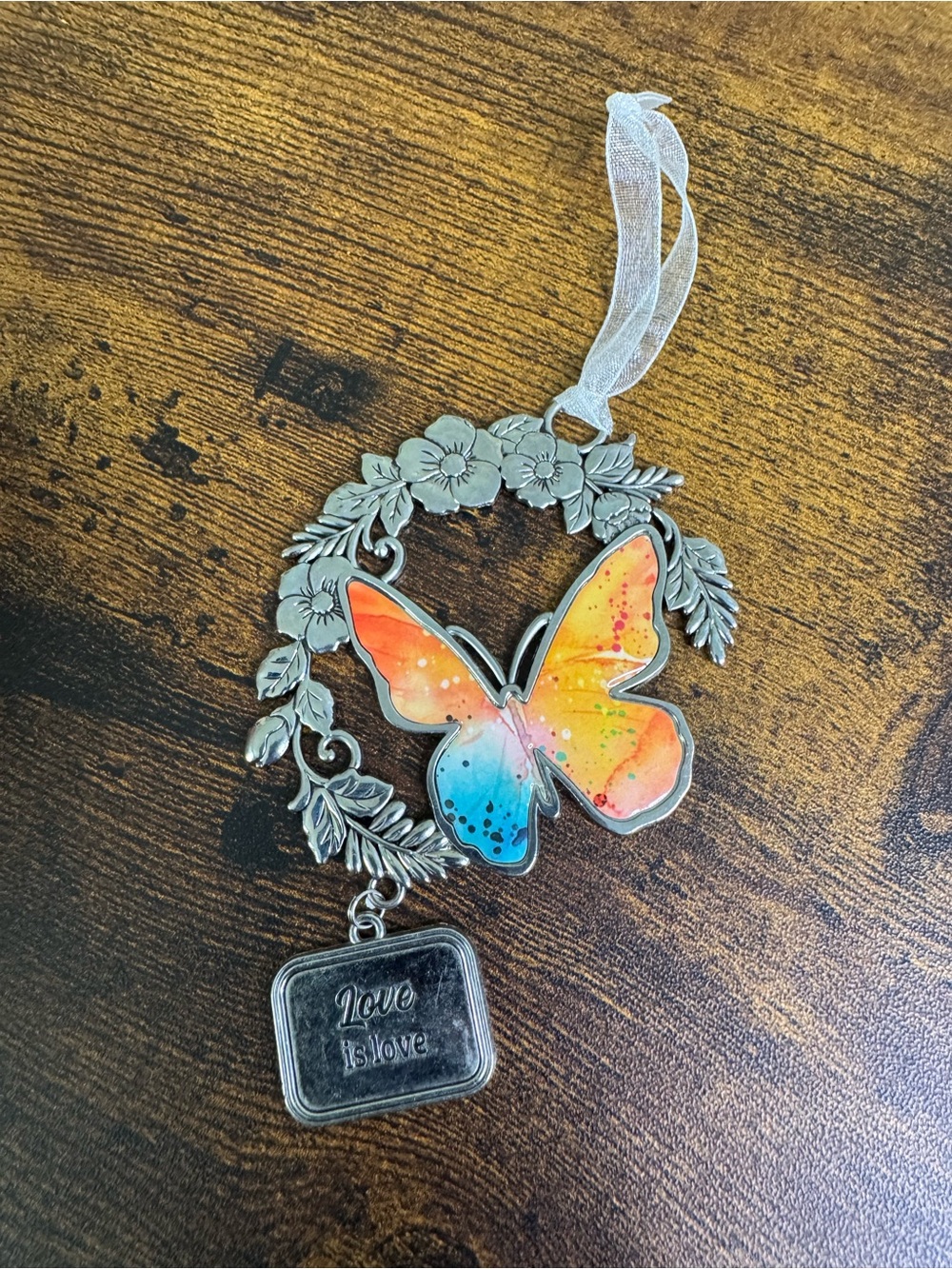 Hand Crafted Orange Blue Butterfly Floral Hanging Pewter Ornament